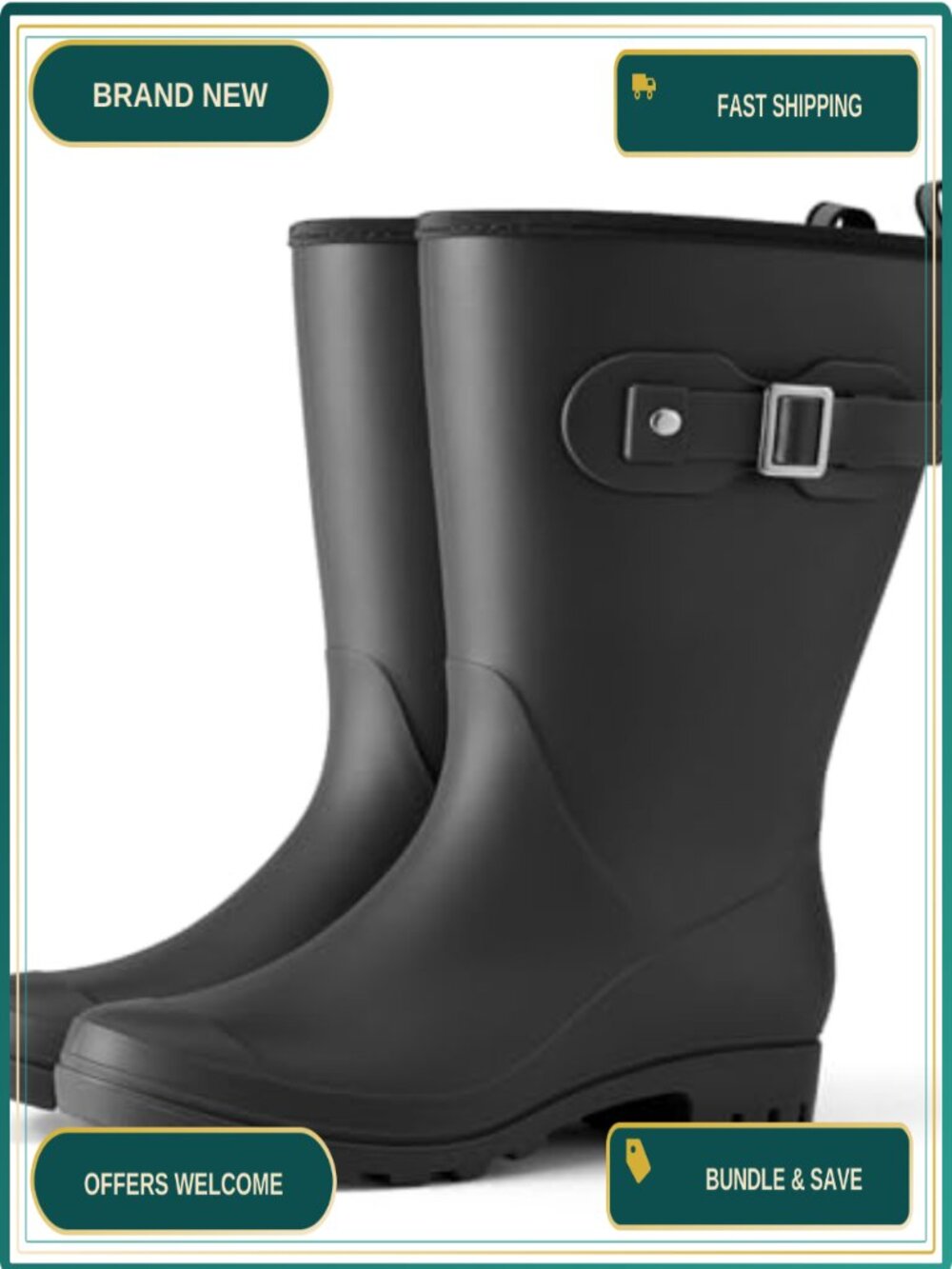 Waterproof Mid-Calf Wellington Rain Boots with Buckle Anti-Slip Garden Shoes